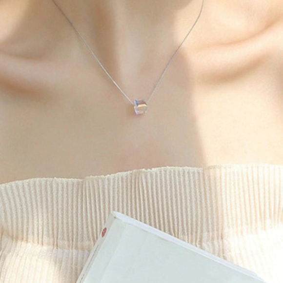 Sugar Cube Square Crystal Necklace in 925 Sterling Silver - Picture 2 of 3